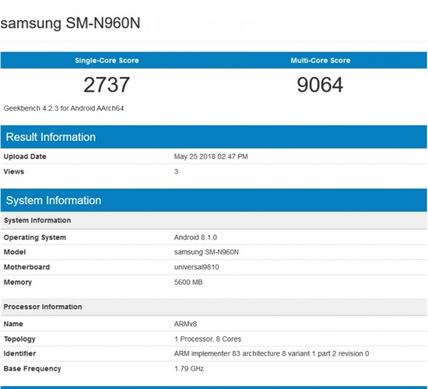 三星Galaxy Note 9现身GeekBench：搭载Exynos 9810