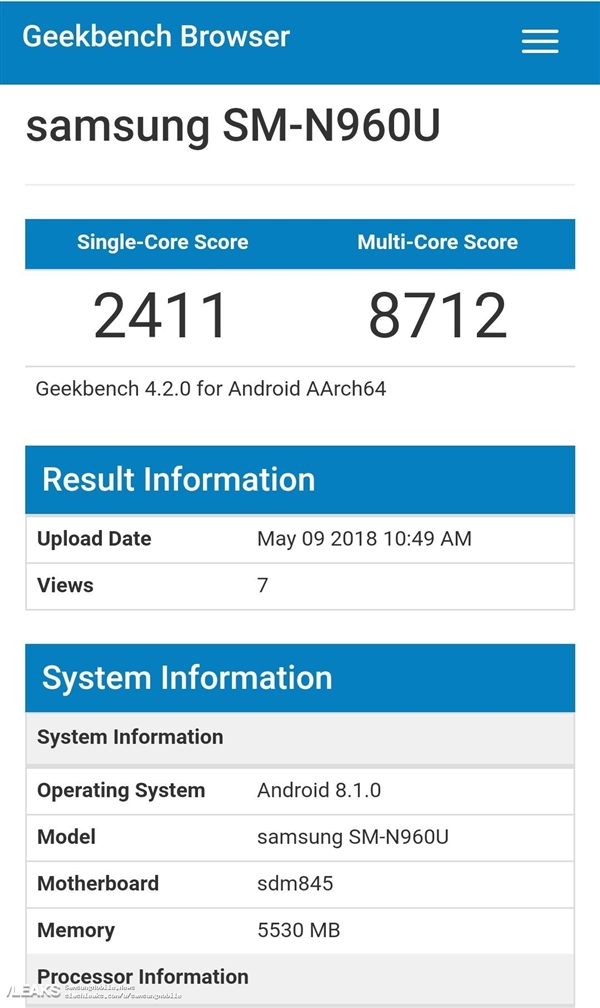 三星Note 9现身！配置曝光：骁龙845+6GB内存