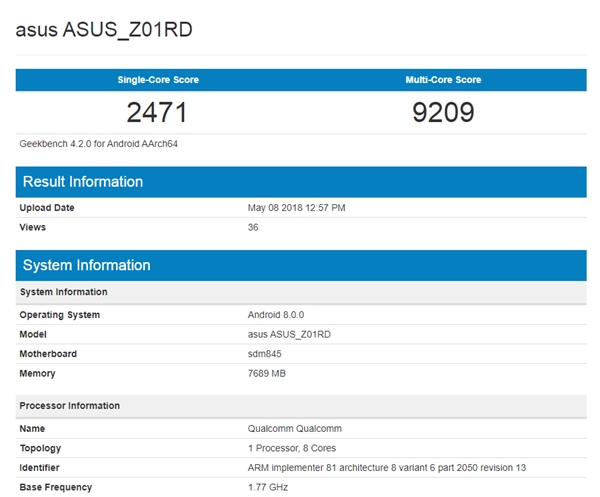 华硕ZenFone 5Z现身GeekBench：骁龙845+8G内存