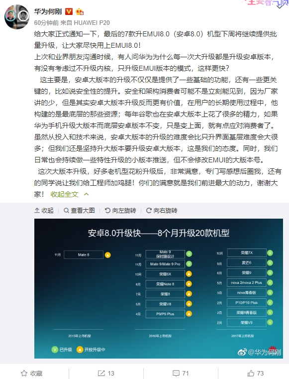 华为：最后7款机型将在下周批量升级安卓8.0