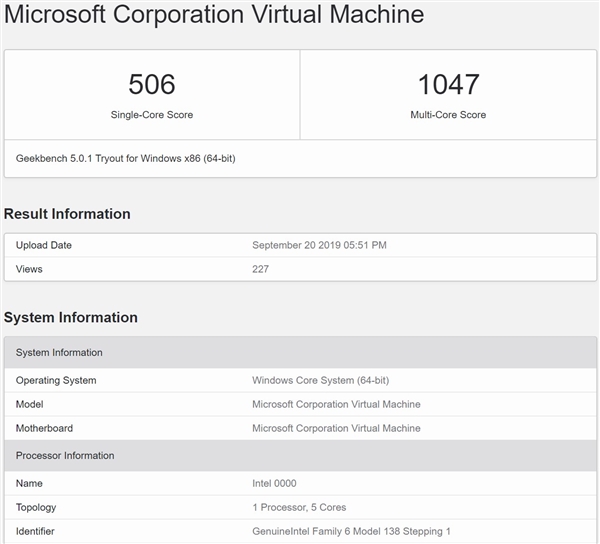 Windows Core OS设备现身GeekBench：搭载Intel 5核Lakefield处理器